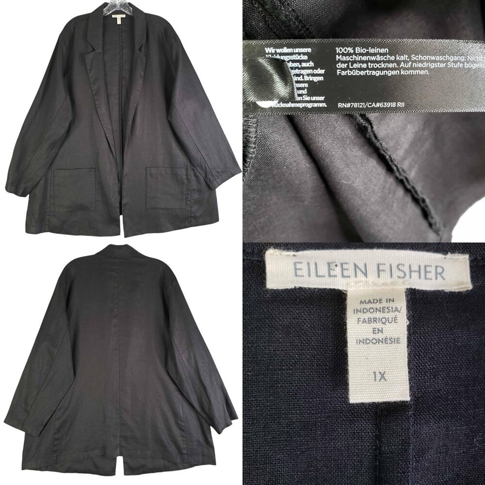 Eileen Fisher Jacket Blazer Open Front Black Linen Plus Size 1X Boxy Pockets